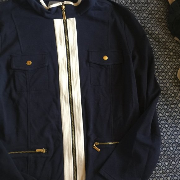 JM Collection Navy and White Accent Zip Jacket Size Gold Tone Zippers & Snaps L - Picture 1 of 10
